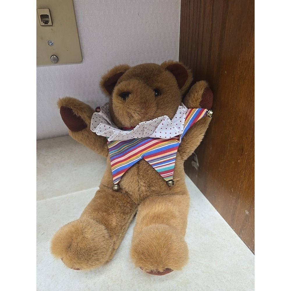 Vintage Teddy Bear Land Jester Clown Plush Bear Bell Collar Striped Polka Dot 16